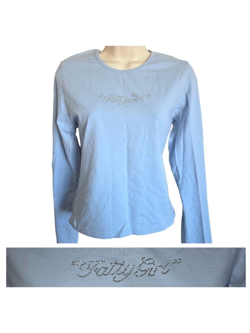 Vtg Y2K Fubu Fatty Girl Rhinestone Ice Blue Long Sleeve Top XL 90s Hip-Hop Style
